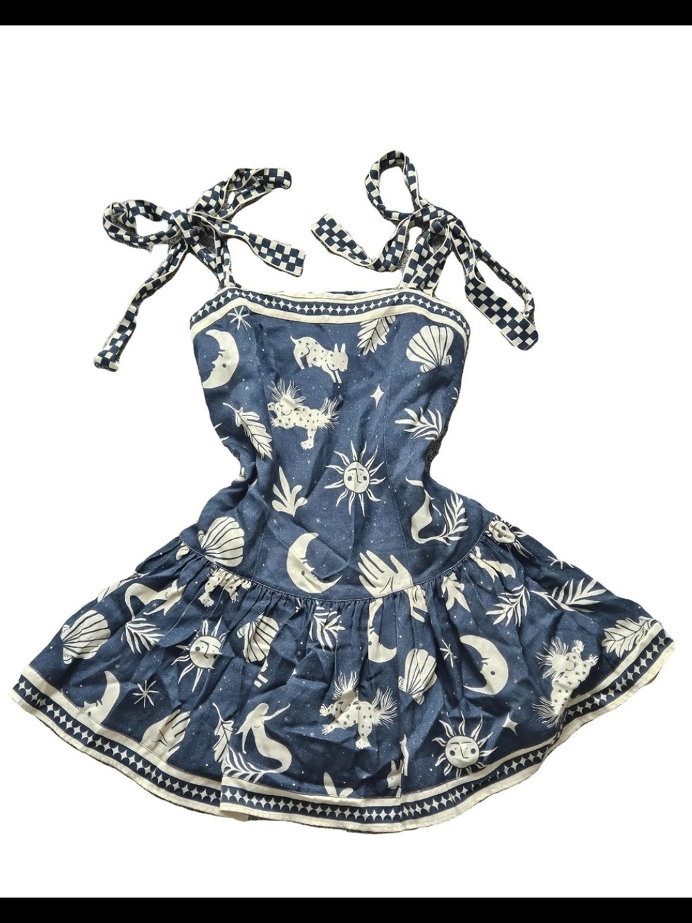 Agua Bendita Navy Celestial Print Tie-Shoulder Sun Dress Size Large Linen Boho